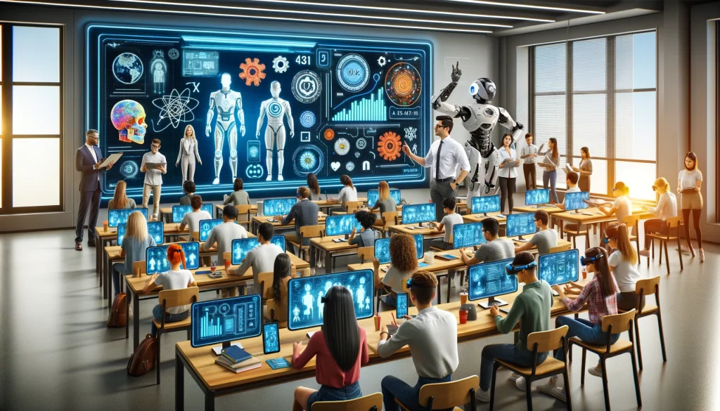 dall·e 2024 04 23 10.01.28 a futuristic university classroom where diverse students interact with advanced generative ai technologies. the scene includes a large, interactive di