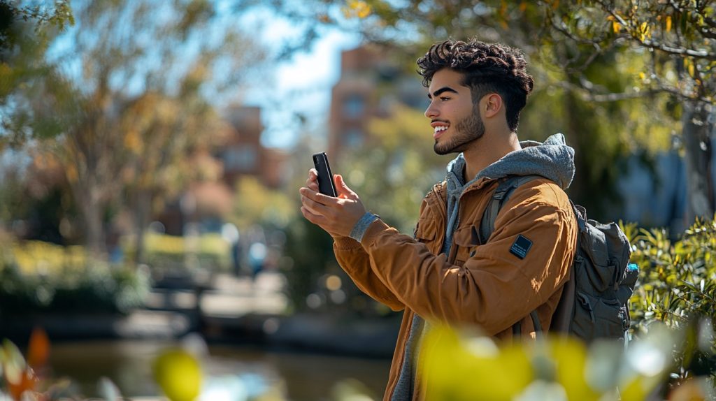 chico con celular caminando